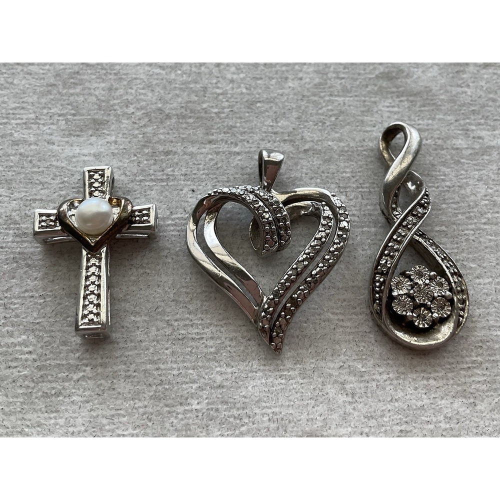 Lot Of 3 925 Sterling Silver Pendant Cross Heart Ect Vintage Estate Jewelry